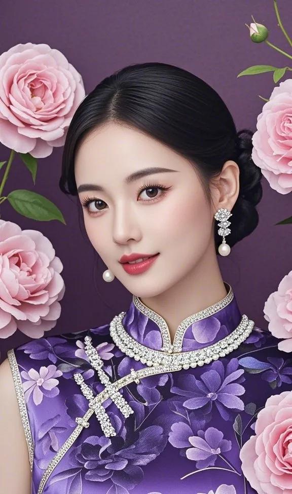 优雅东方美，紫罗兰旗袍，珍珠与钻石的点缀，韵味十足。国风美俏女 美美佳人 美娇娘