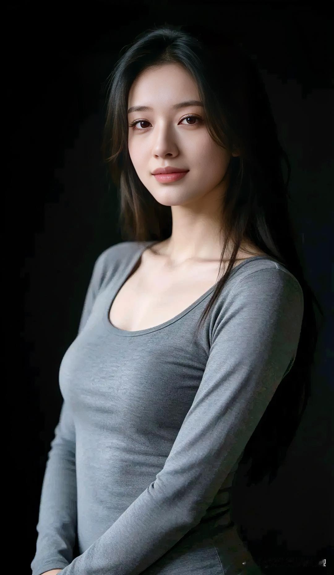 温柔甜美的少女，灰色紧身衣，气质满满！💕