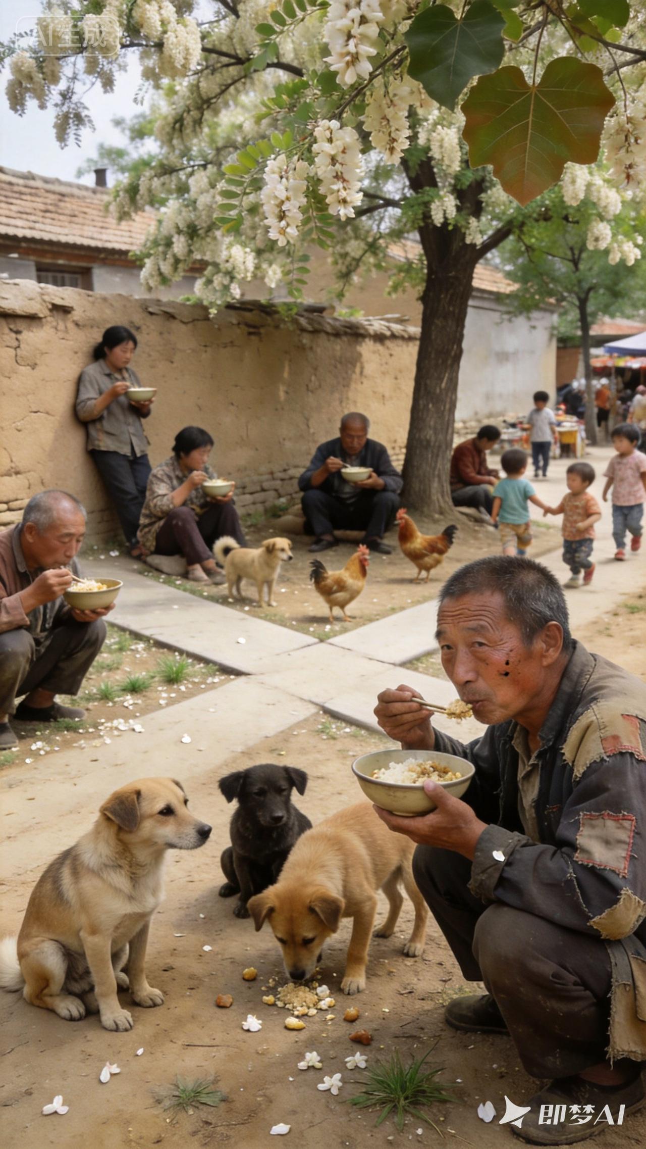 老乡们围坐树下，边吃边聊，那场景简直太有氛围感了。大家面前摆满了自家做的美食，有