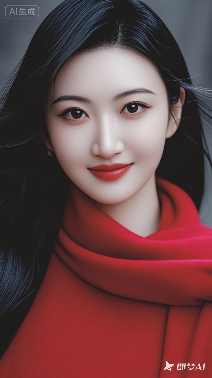 优雅红衣，温柔笑容，完美女神