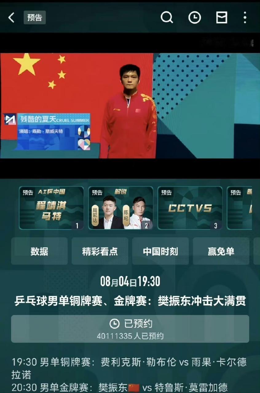 今晚20∶30的乒乓球男单决赛樊振东VS莫雷加德，咪咕视频直播预约超4000万，