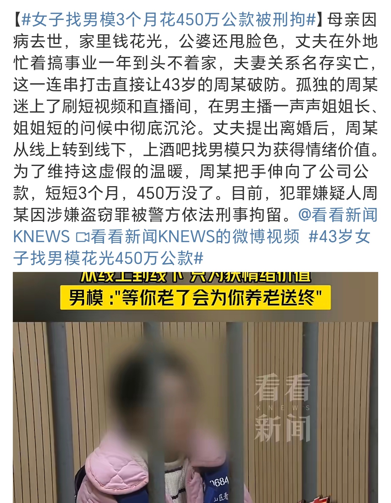 女子找男模3个月花450万公款被刑拘 就算家庭所有人都亏欠你的，你找男模消遣发泄