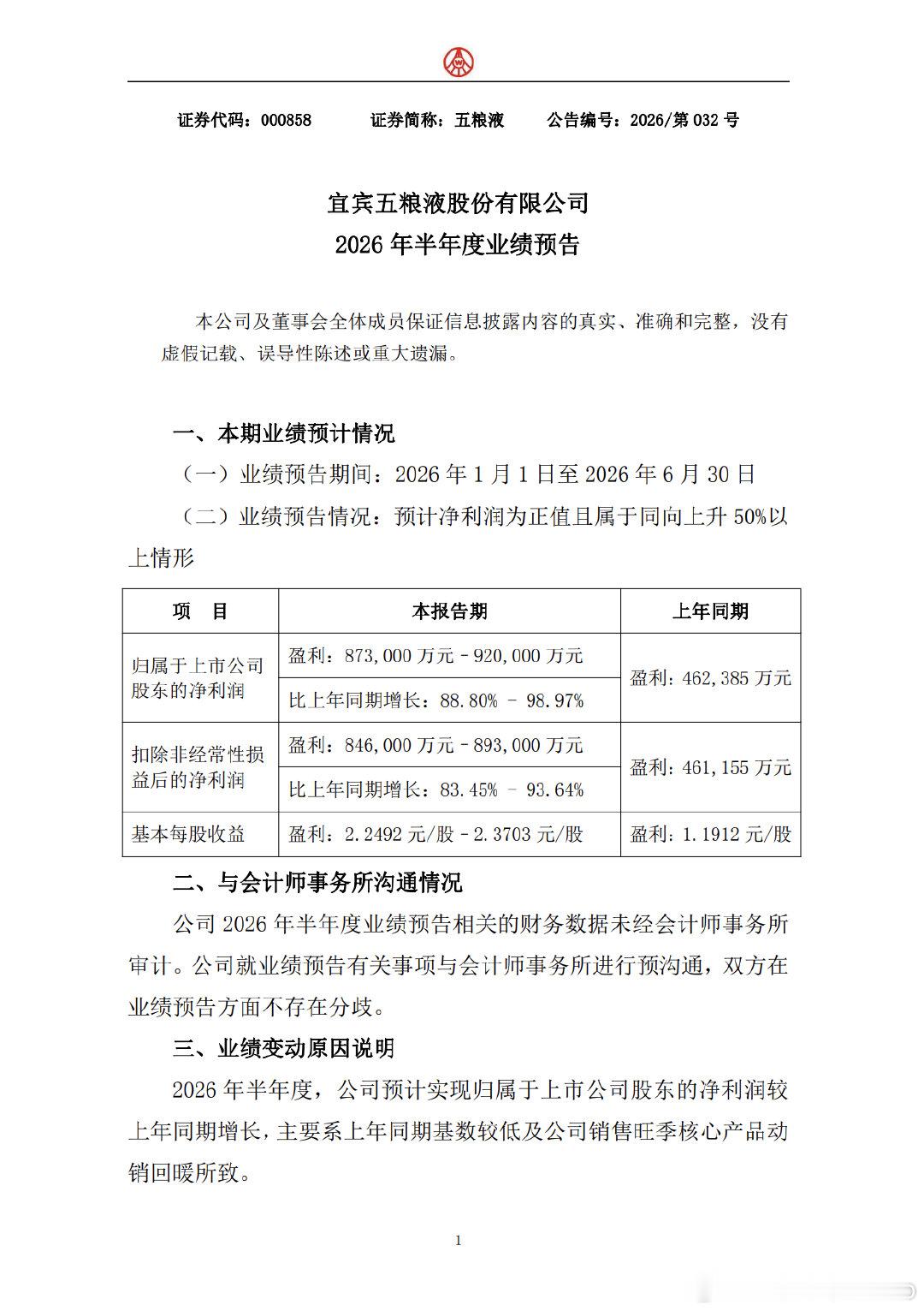 【五粮液上半年业绩增长】7月14日，五粮液(000858.SZ)公告称，预计20