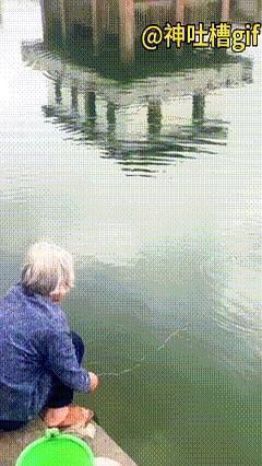 一个白发老奶奶，没鱼竿，就一根线，把旁边用高级装备的人看傻了。

我今天真是开眼