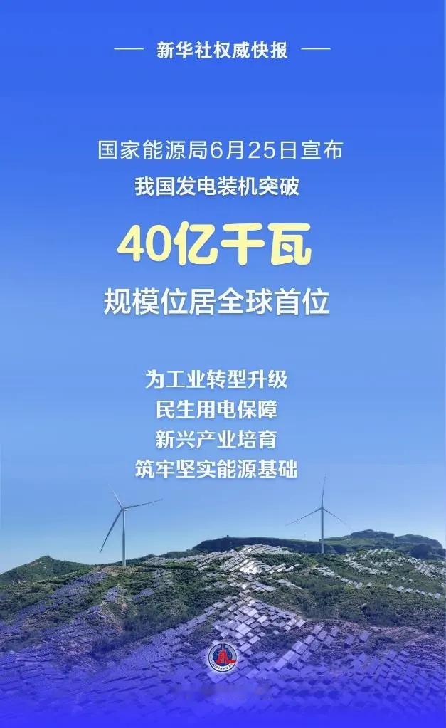 能源局6月25日宣布，截至2026年5月底，我国发电装机达40.1亿千瓦，规模位