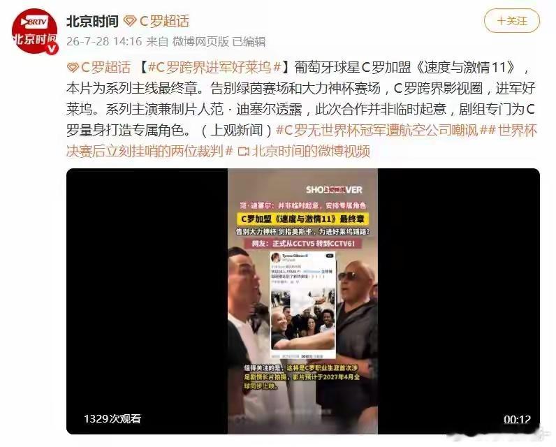 葡萄牙球星C罗加盟《速度与激情11》，跨界影视圈，进军好莱坞 
