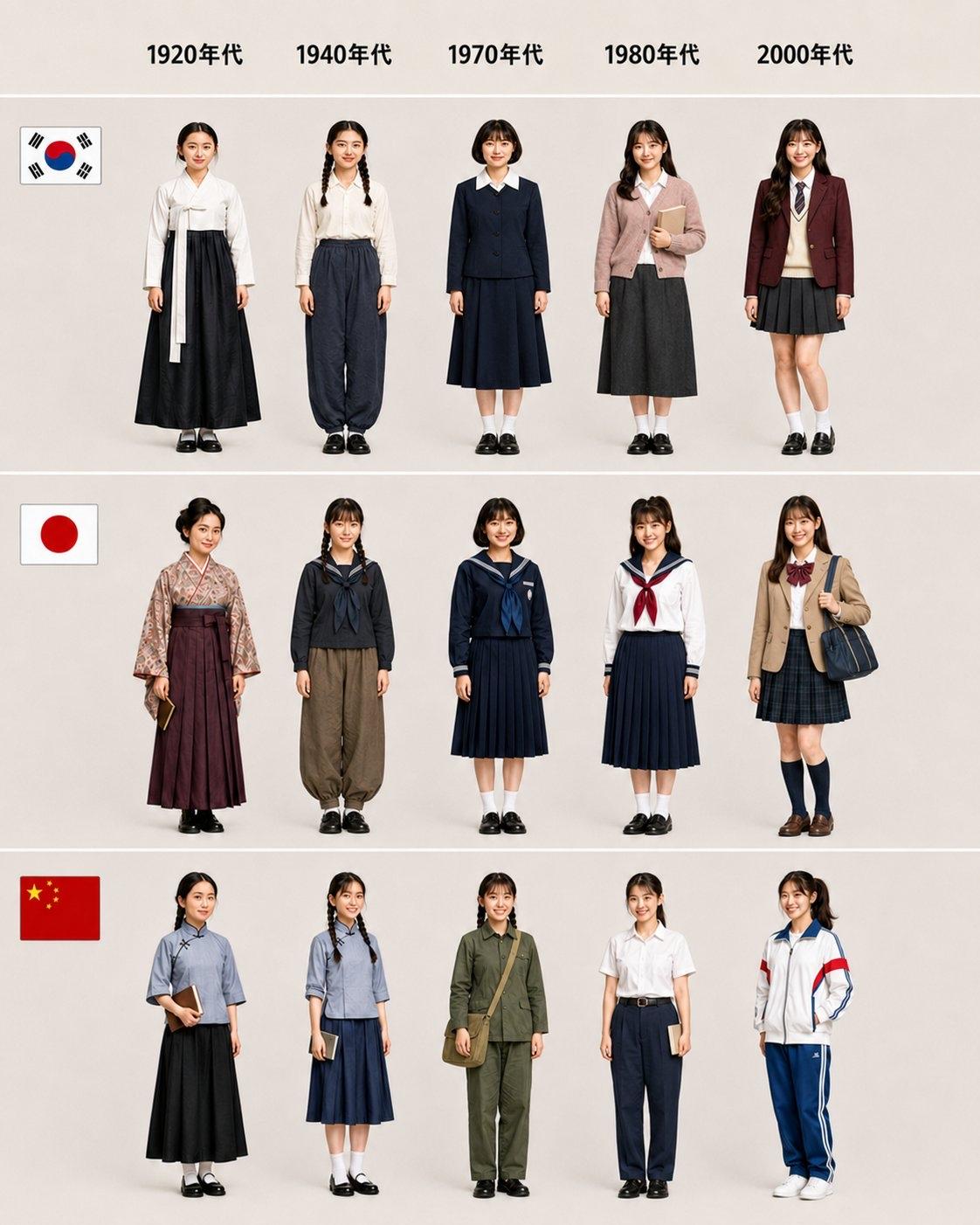 从1920年代到2000年代  
韩国🇰🇷 日本🇯🇵 中国🇨🇳 校服