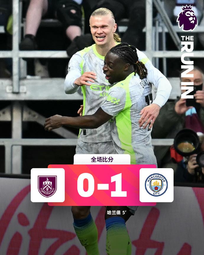 全场比分 | 伯恩利 0-1 曼城

⚽第5分钟，多库中圈直塞送出，哈兰德带球突
