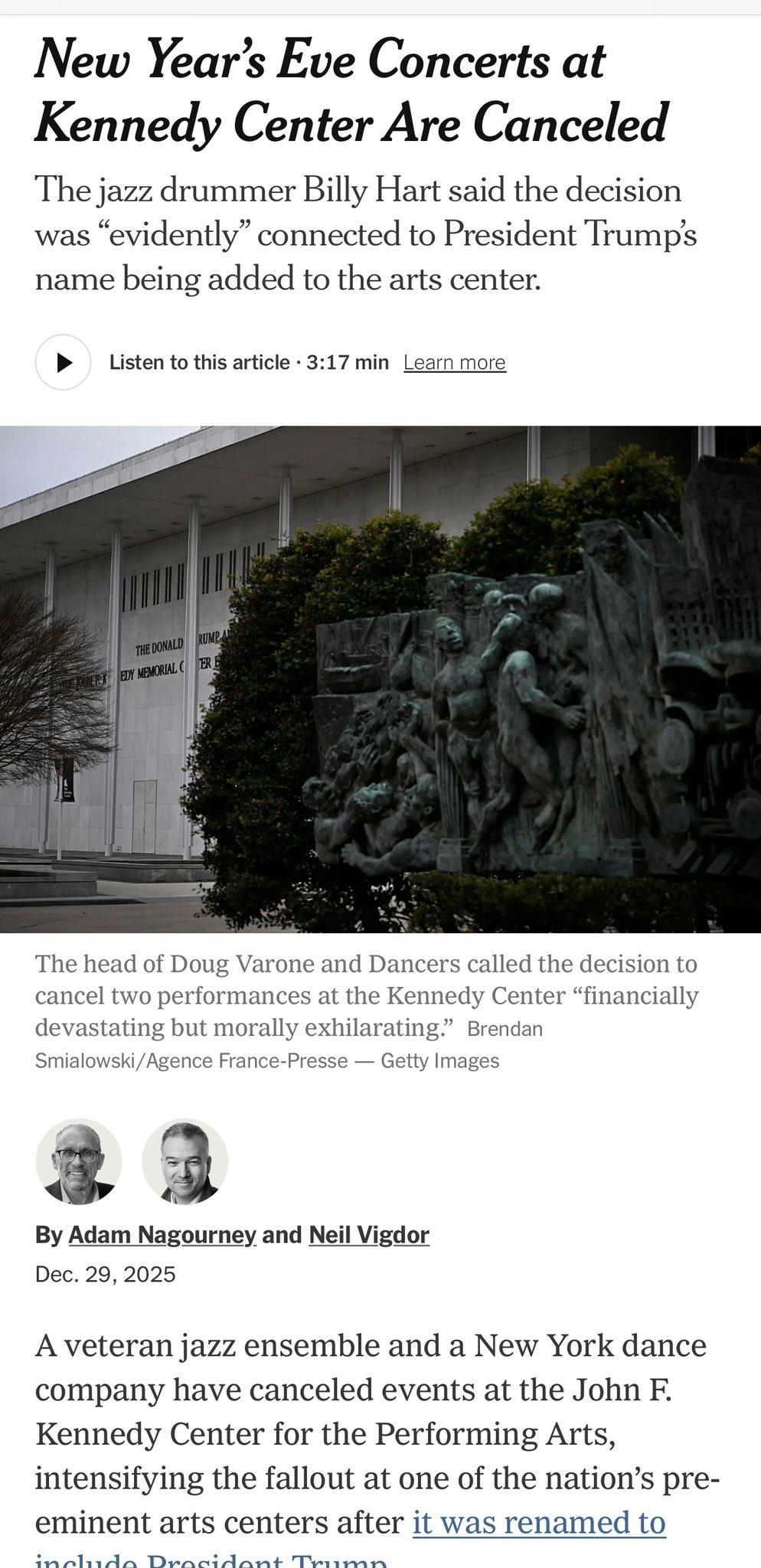 为抗议特朗普将肯尼迪表演艺术中心改名“川普-肯尼迪表演艺术中心”，原定两场迎新新