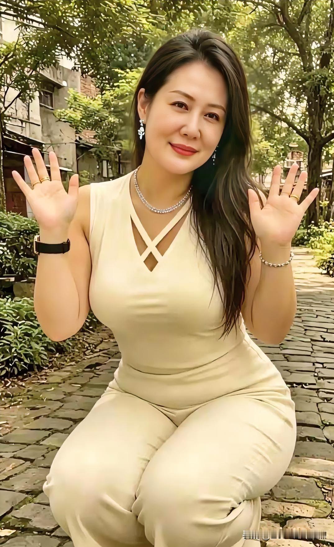 绿荫掩映的石板路上，一袭米色连体衣尽显从容生机。举手投足间笑意盈盈，温婉亲和，宛
