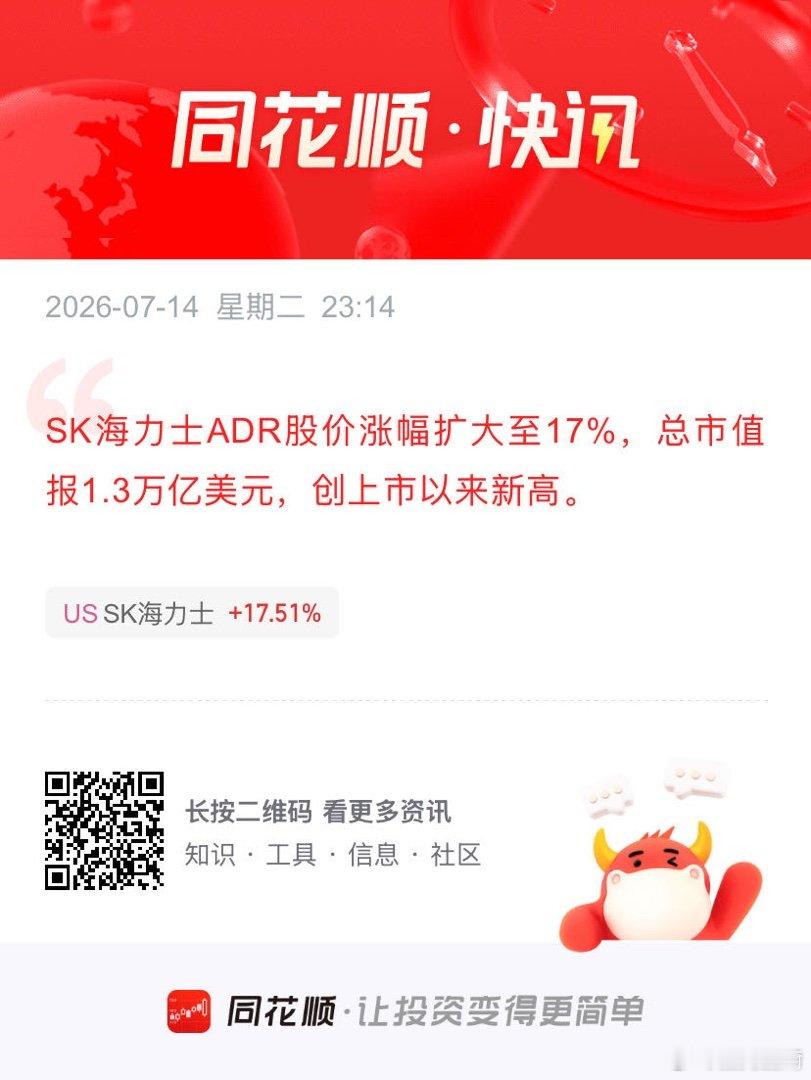 SK海力士ADR股价涨幅扩大至17% SK海力士ADR股价涨幅扩大至17%，总市