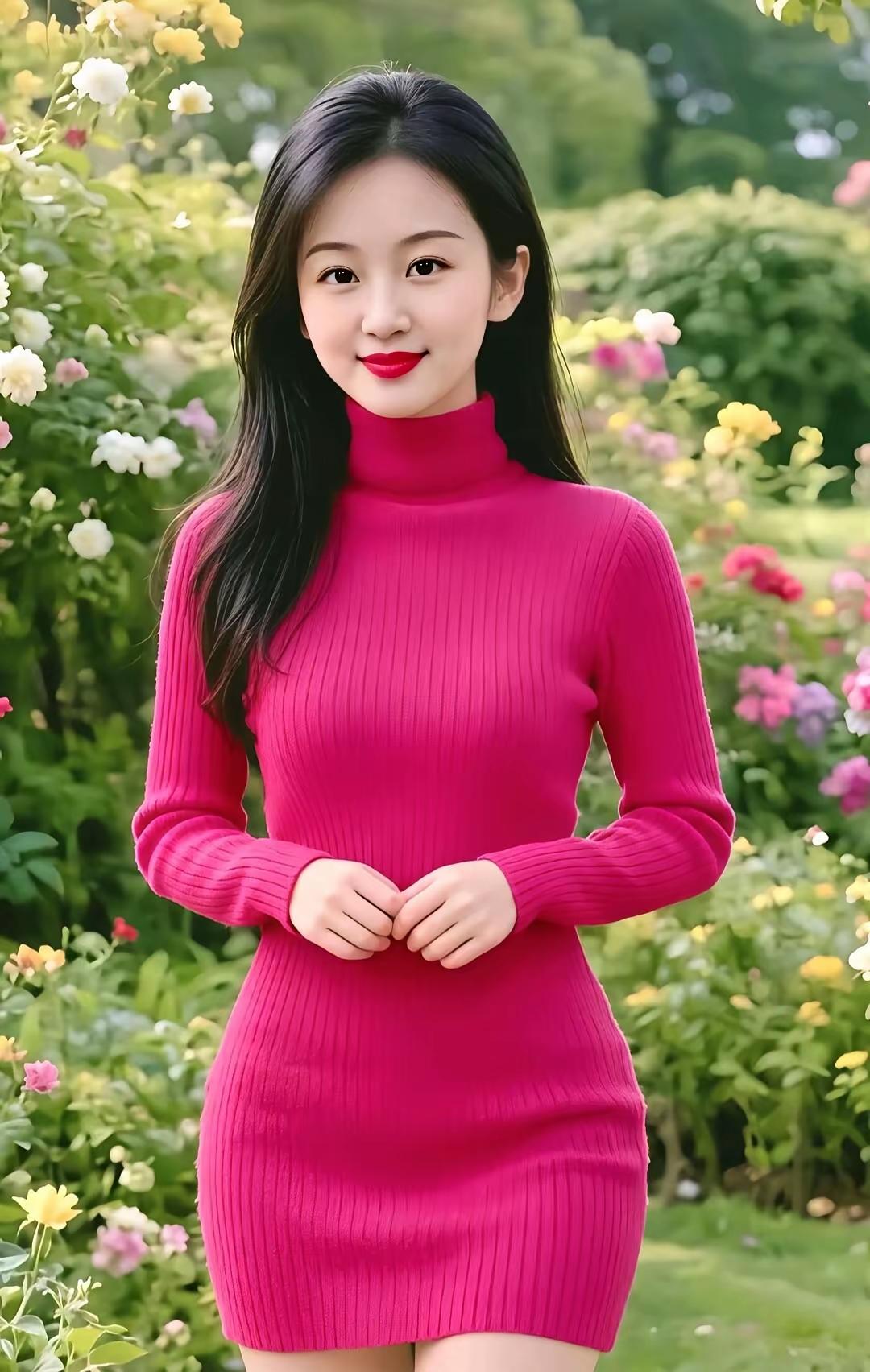 玫红针织裙配笑颜，花海里最靓的崽，温柔又飒气，春天的限定心动款！