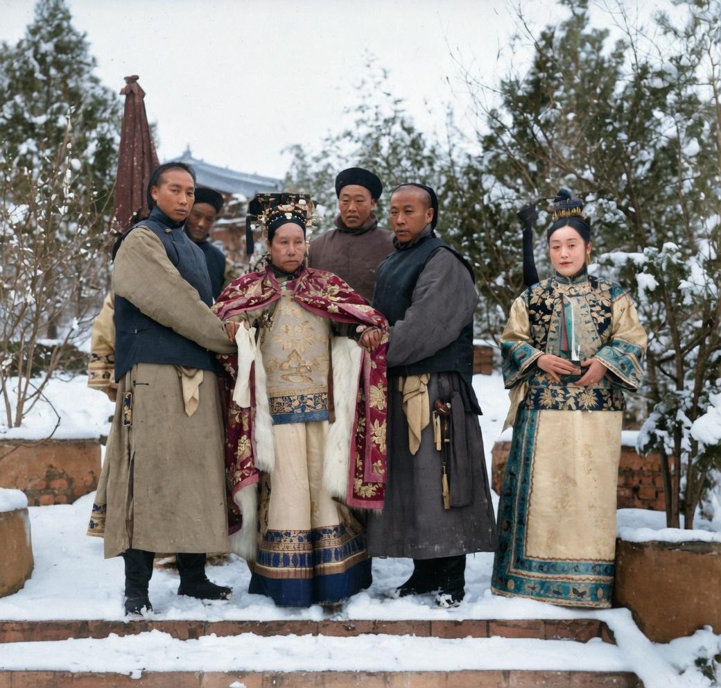 清末，颐和园雪天，慈禧太后被两名虎背熊腰的大内侍卫搀扶，即便积雪深厚，仍在侍从簇