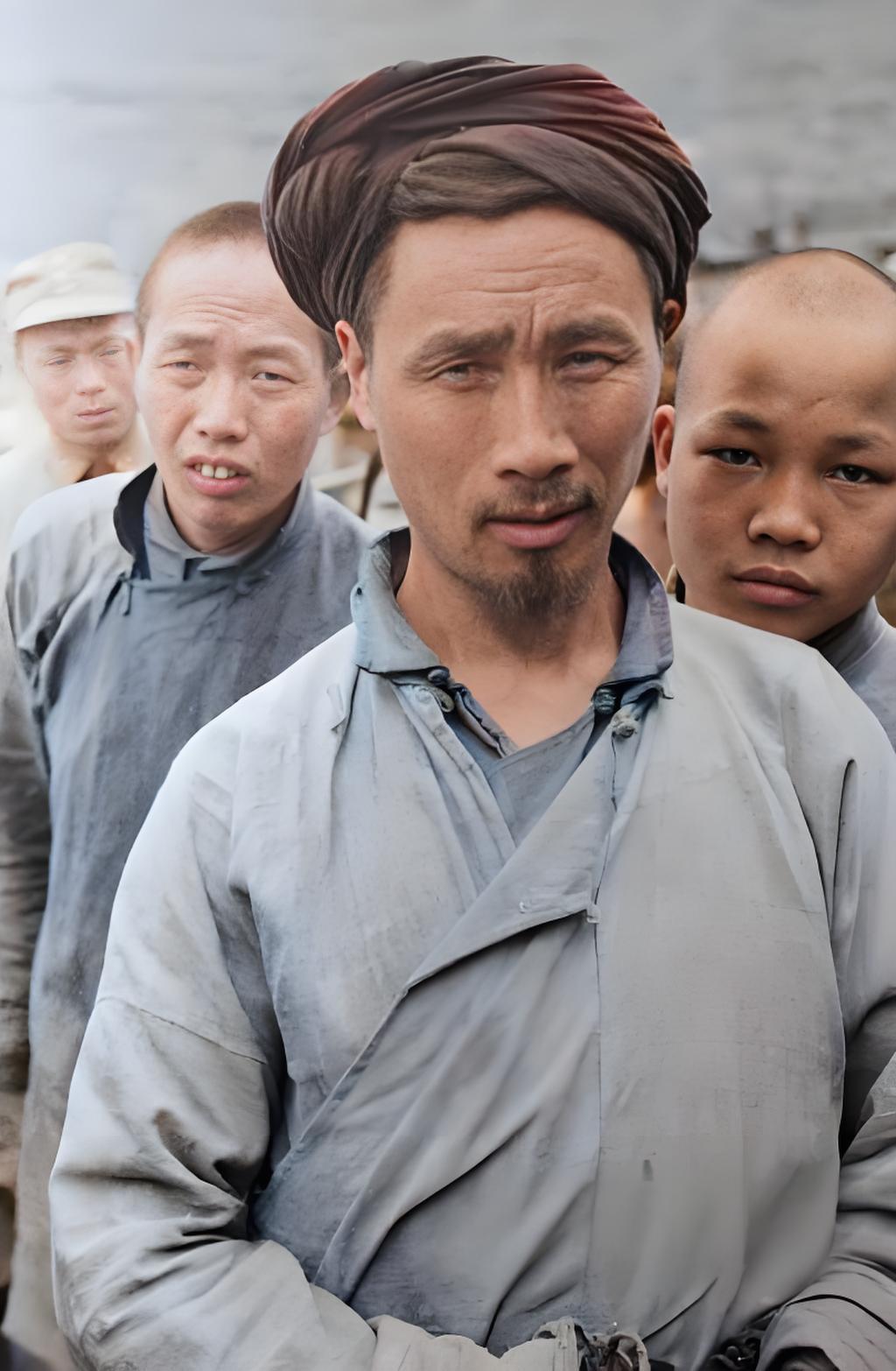 这是1944年拍摄于山西省的男子肖像照。照片中男子头戴传统头巾，身着朴素长衫，背