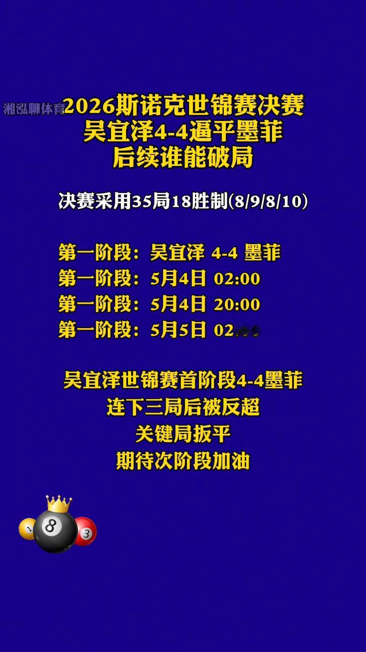 2026斯诺克世锦赛决赛，吴宜泽4-4逼平墨菲，后续谁能破局？
决赛采用35局1