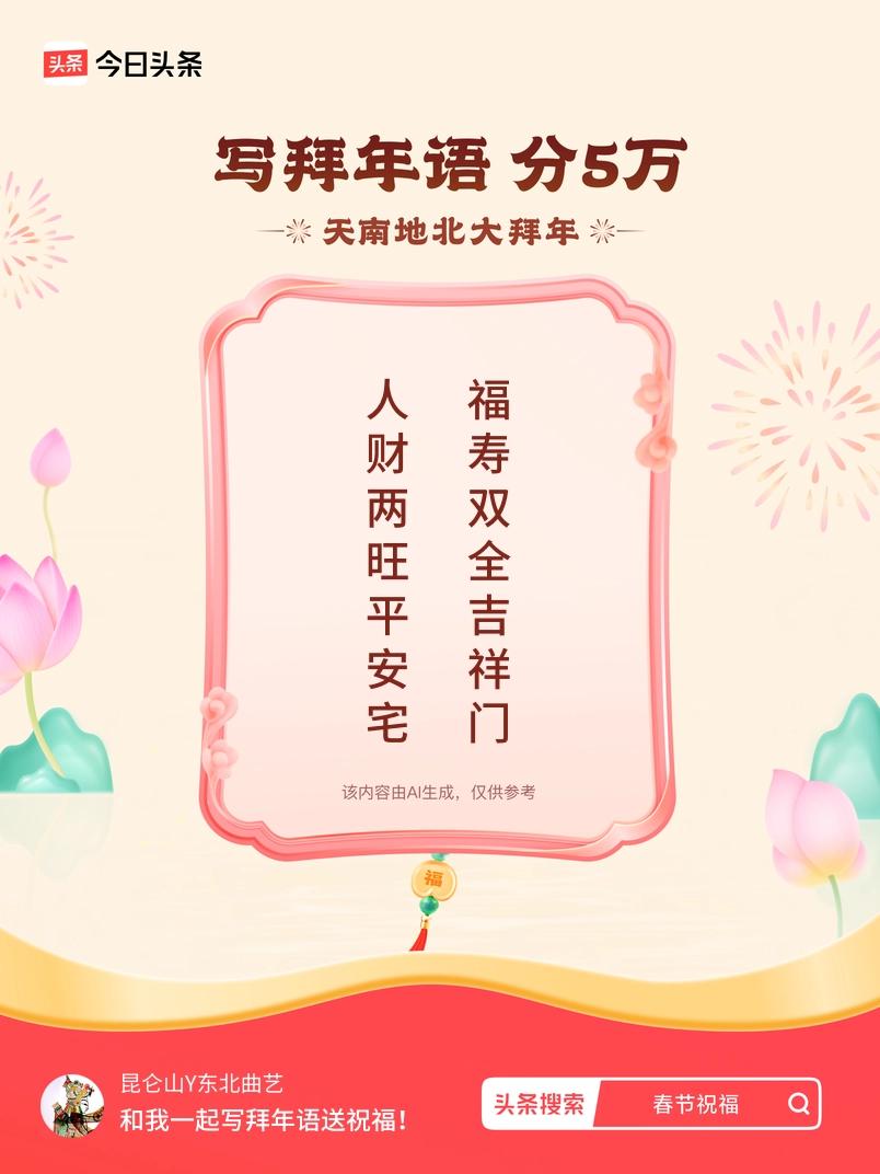 写拜年语送祝福新春拜年送祝福！我的祝福是：“人财两旺平安宅，福寿双全吉祥门”！快