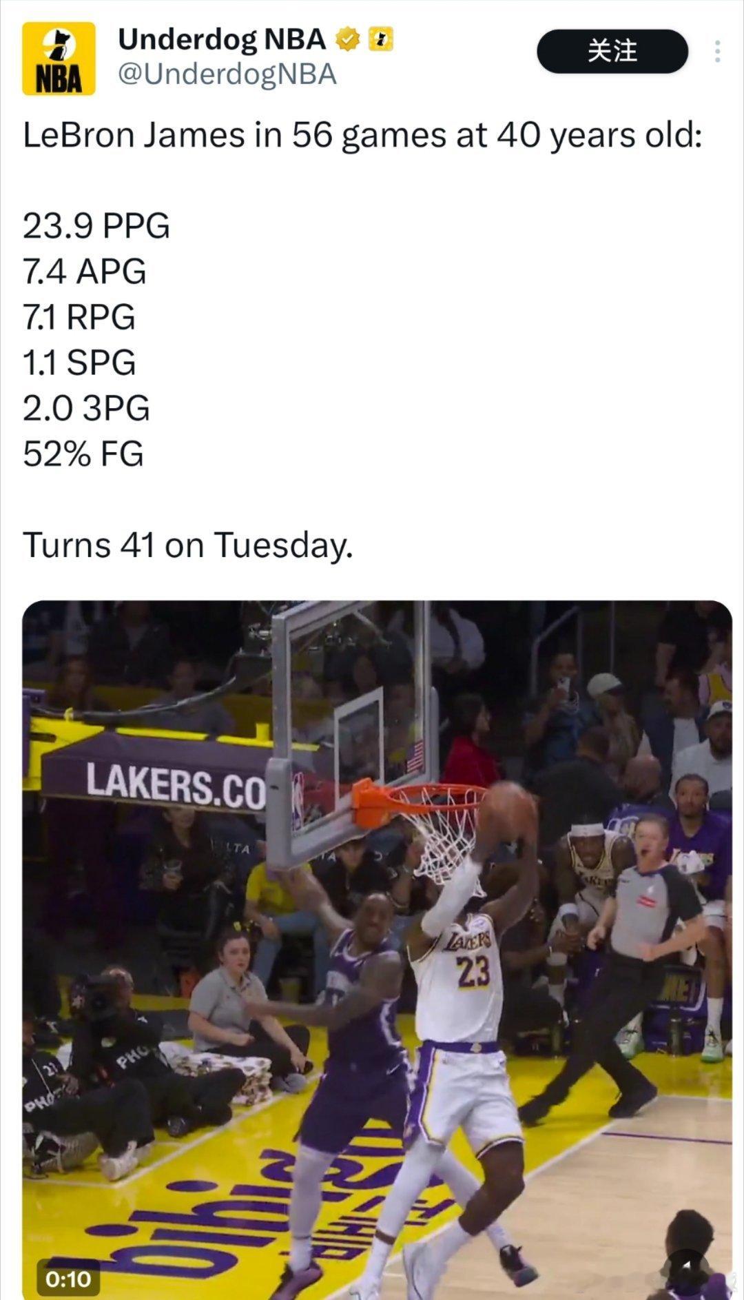 詹姆斯已经打完了自己40岁最后一场比赛，这一年他的数据⬇️场均23.9分7.1板
