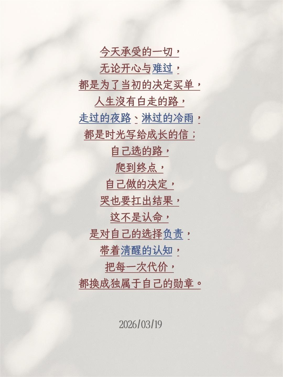 今天承受的一切，无论开心与难过，都是为了当初的决定买单，人生没有白走的路，走过的