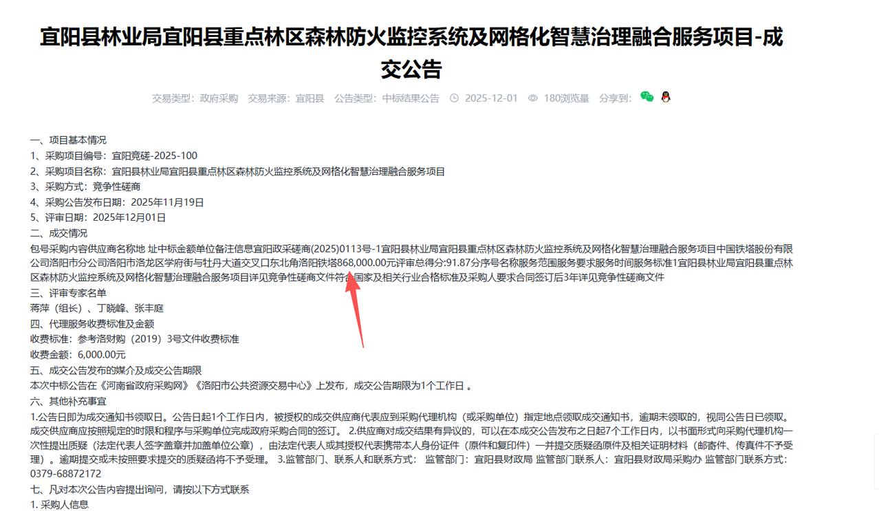 宜阳县重点林区森林防火监控系统及网格化智慧治理融合服务项目-成交公告，金额86.