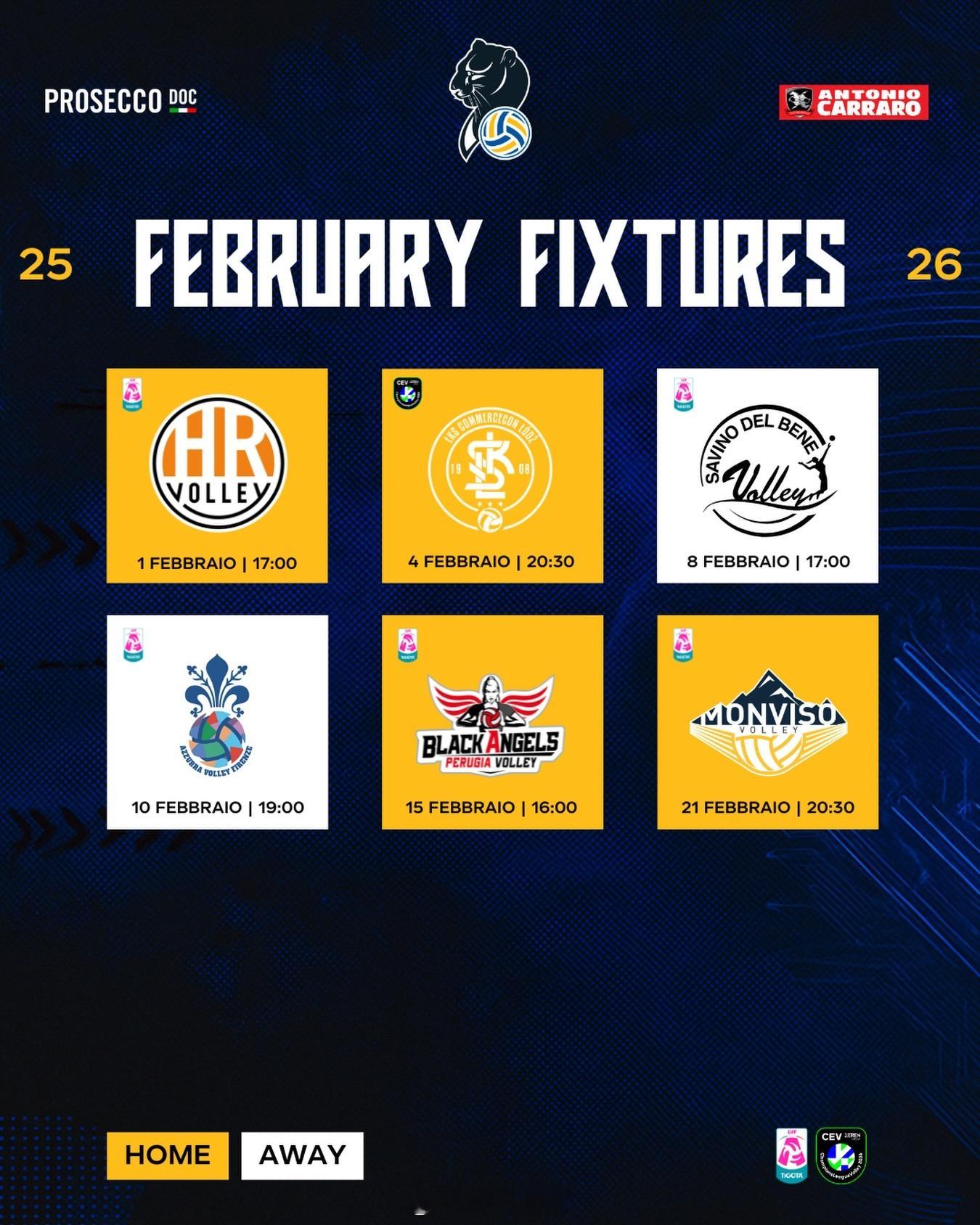 朱婷 科内利亚诺女排2026年2月份比赛日历（北京时间/主队在前）：2月1日（日