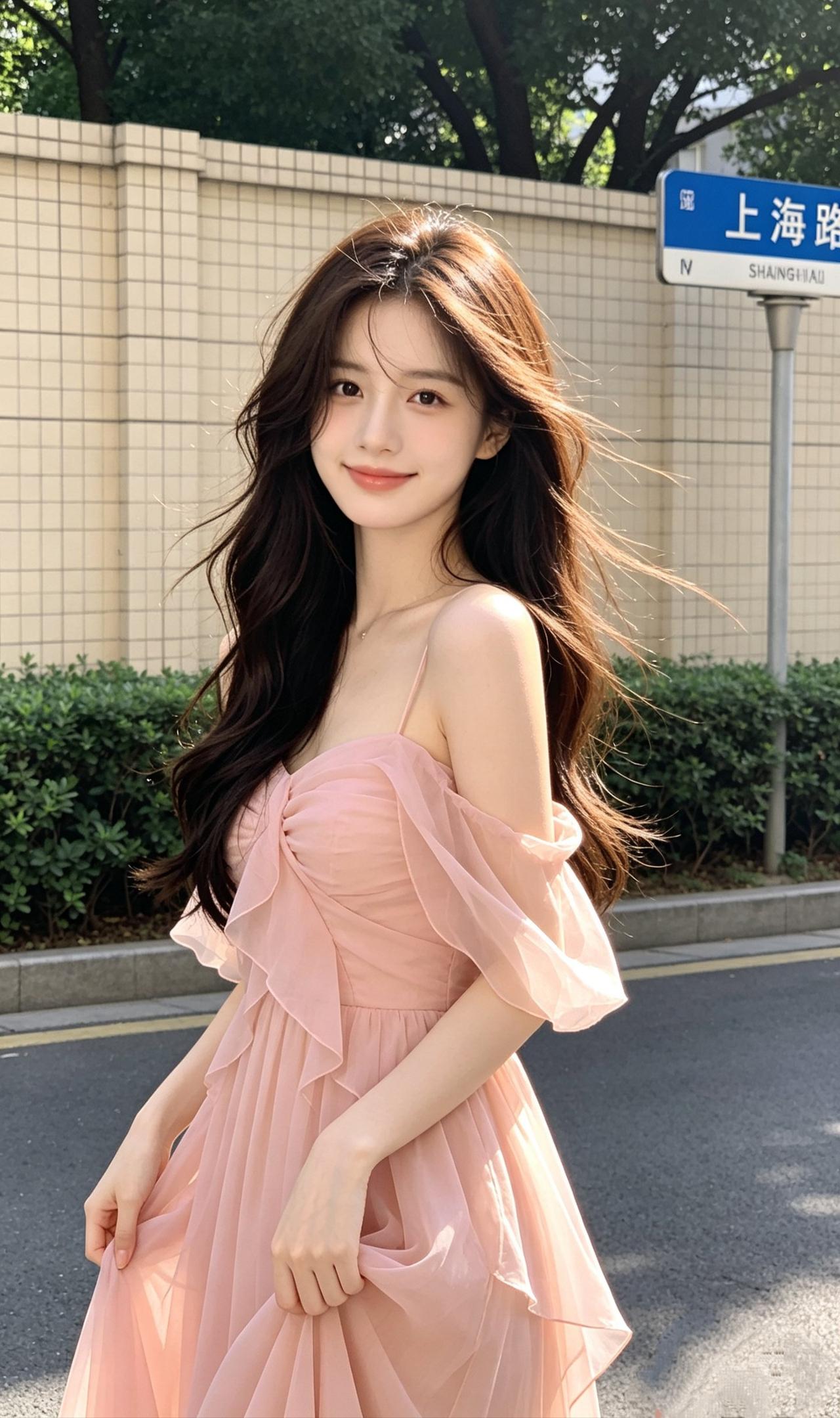 温柔粉裙少女，漫步上海路，阳光洒满笑颜温柔粉裙少女 粉裙子的小公主 街头粉裙照 