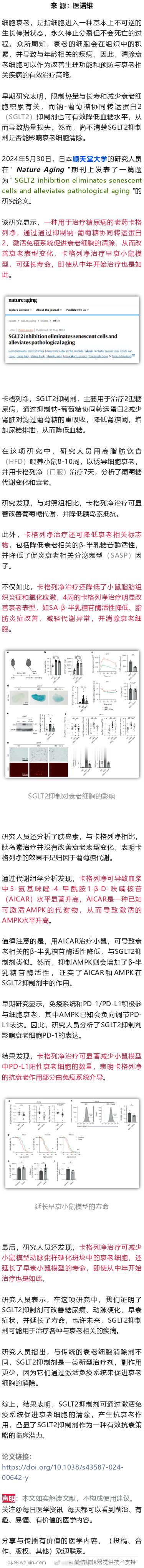 Nature Aging：这种常见的老药，增强衰老细胞清除，抗衰延寿2024年5