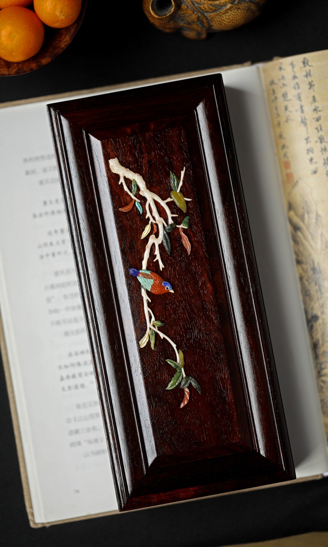 紫檀x百宝嵌【富贵吉祥】抽拉盒小叶紫檀老料制，榫卯精工，百宝镶嵌，配色清雅，榫卯