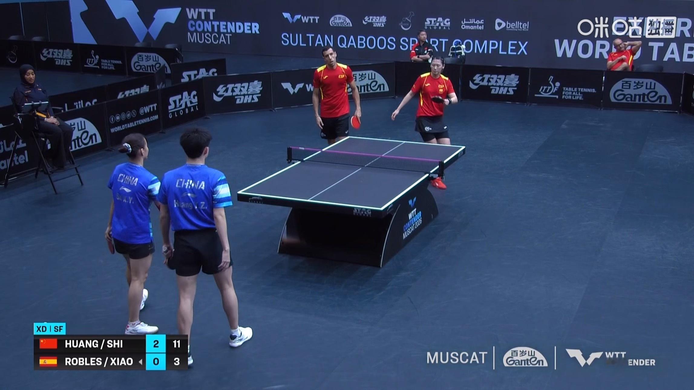 黄友政/石洵瑶3比0罗布勒斯/肖瑶茜(12-10，11-9，11-3)晋级WTT