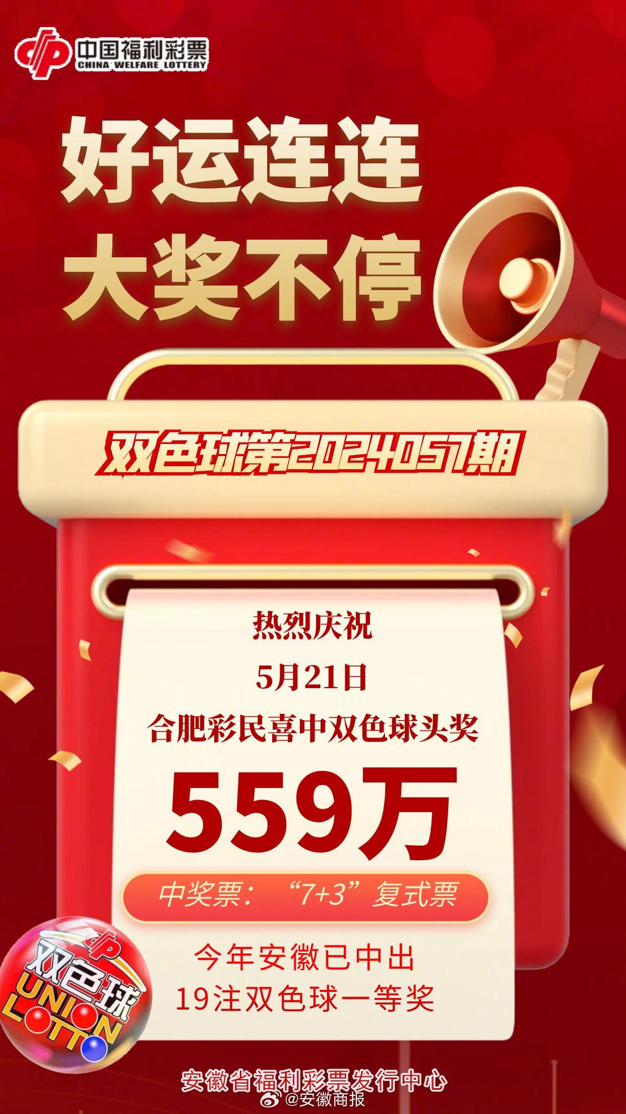 【1金2银！合肥彩民全复式中得双色球559万头奖】继5月19日安庆彩民“9+1”