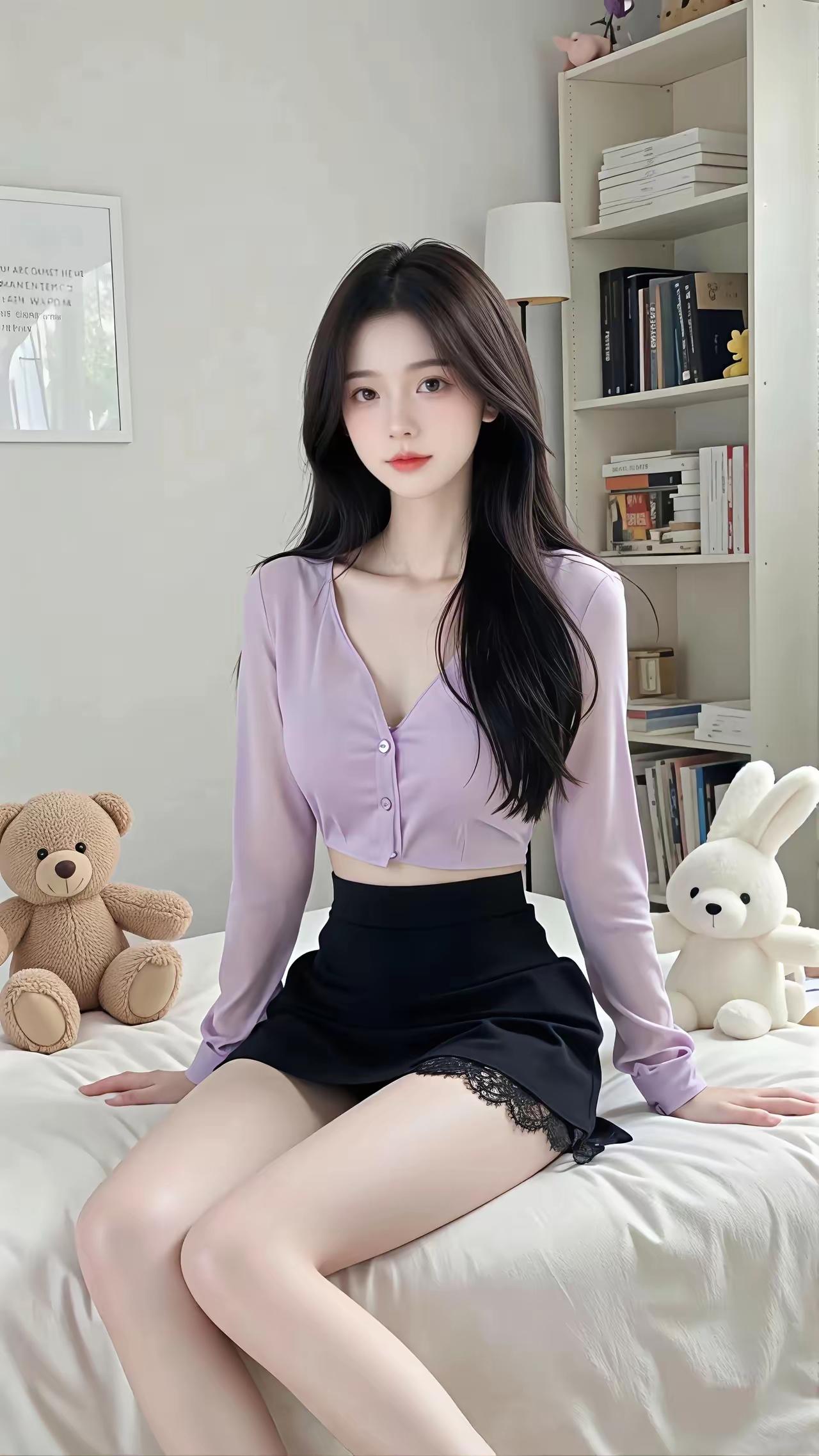 甜美少女风穿搭，紫色衬衫搭配黑色短裙，可爱兔兔和熊熊相伴，少女心满满！