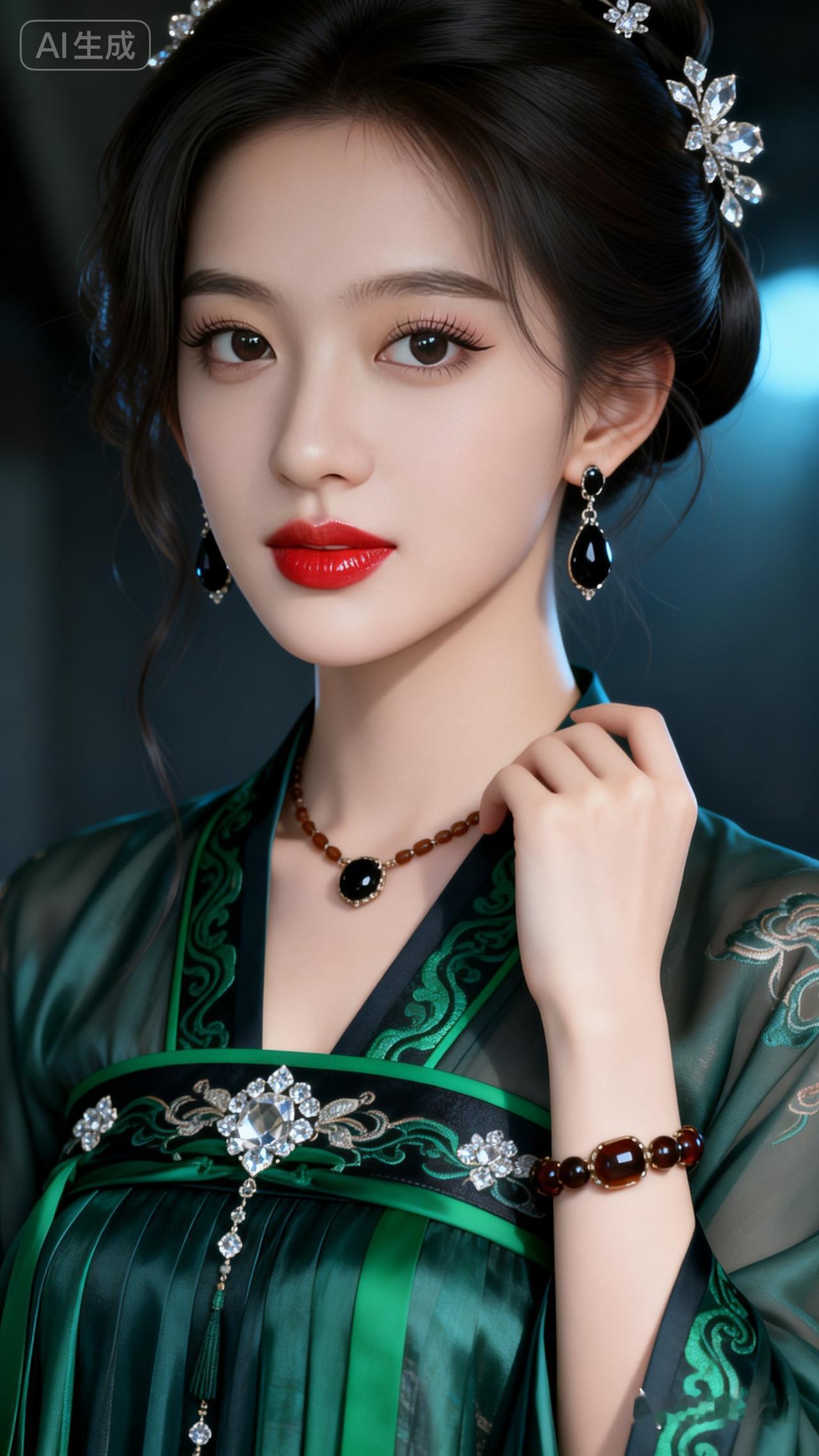 东方美人，古典优雅，红唇黑发，韵味十足。