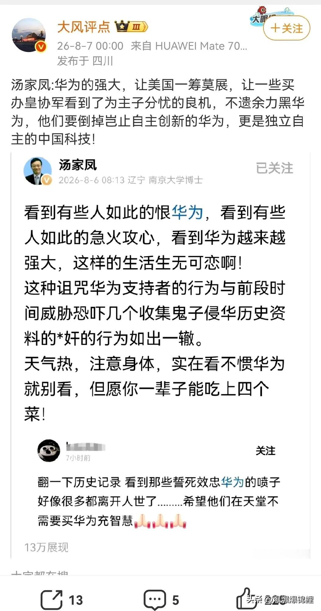 汤家凤教授近期对华为的黑子们做出了不留情面的点评，他表示：“如果你实在看不惯华为