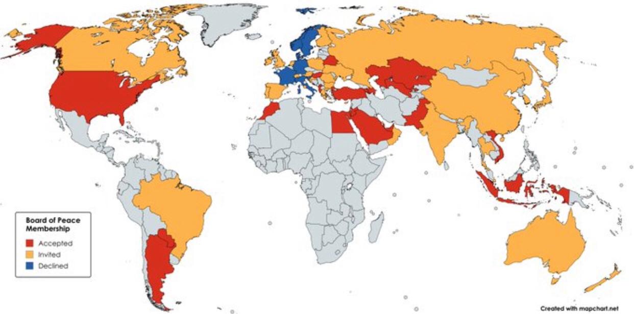 美国川普的“和平委员会”地图：红色为已经接受邀请并加入的国家，橘黄色为已经发出邀