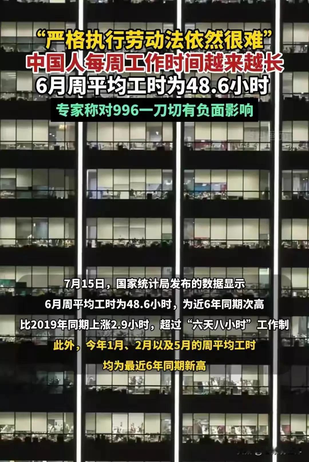 加速内卷！统计数据展示我国劳动者平均每周的工作时长已经高达48.6小时，创近6年