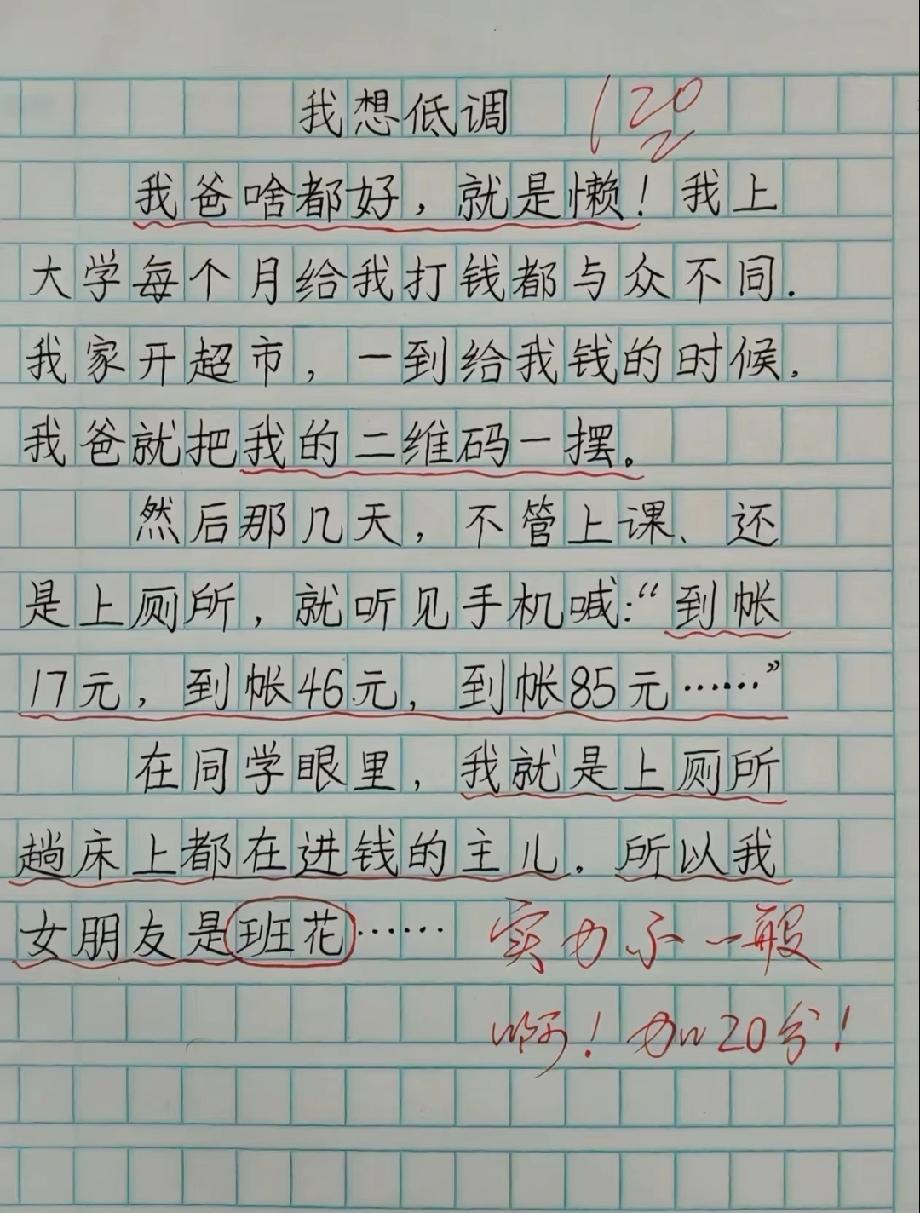 这篇作文笑疯了！爸爸给娃打钱的操作太秀，上厕所都能进账，班花都成女朋友了
