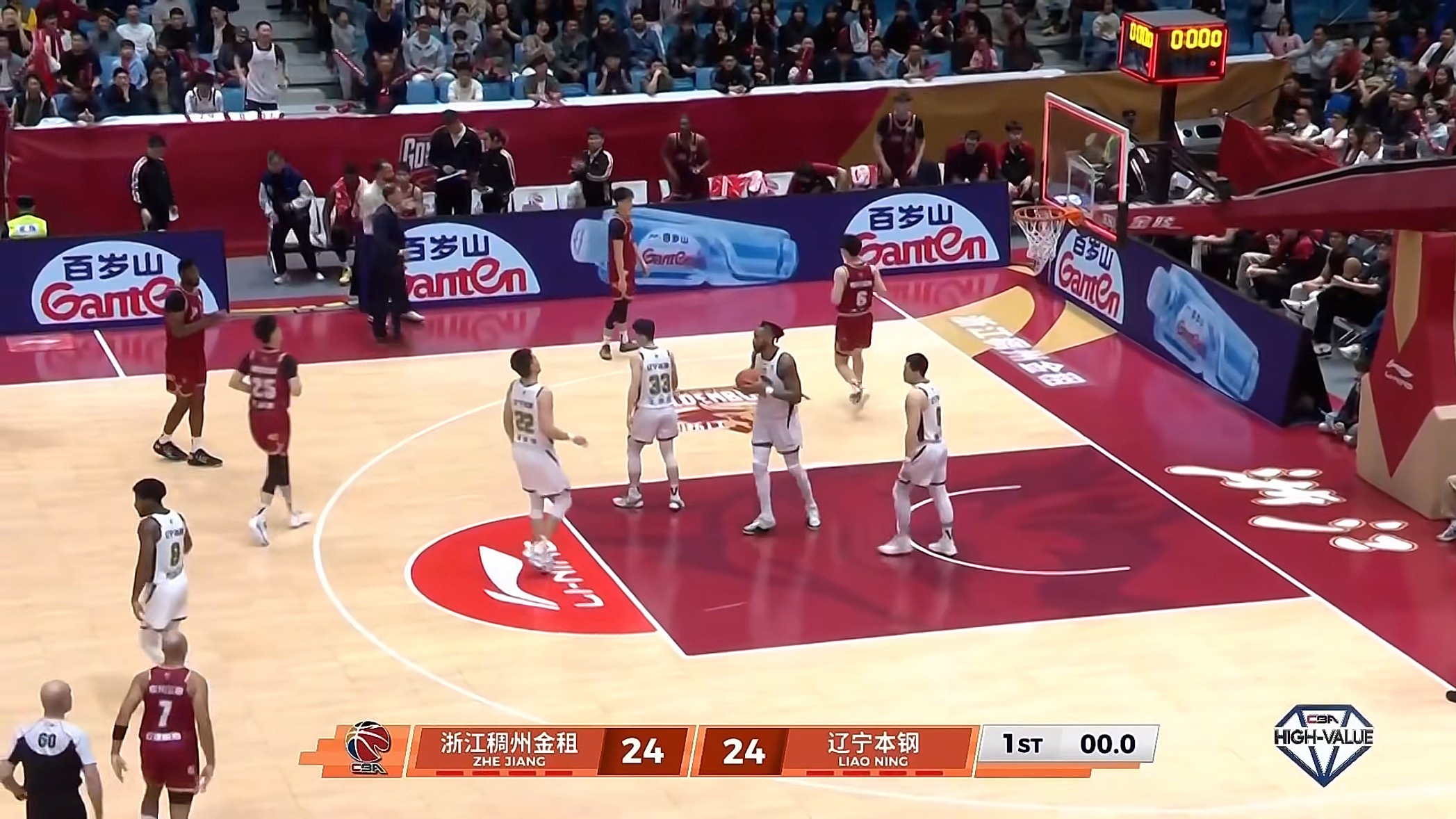 辽宁客场对浙江稠州第一节比赛结束打平辽宁男篮