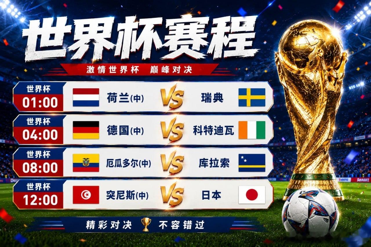 今晚别睡太早！世界杯四场重头戏接连上演：✅荷兰vs瑞典 ✅德国vs科特迪瓦 ✅厄