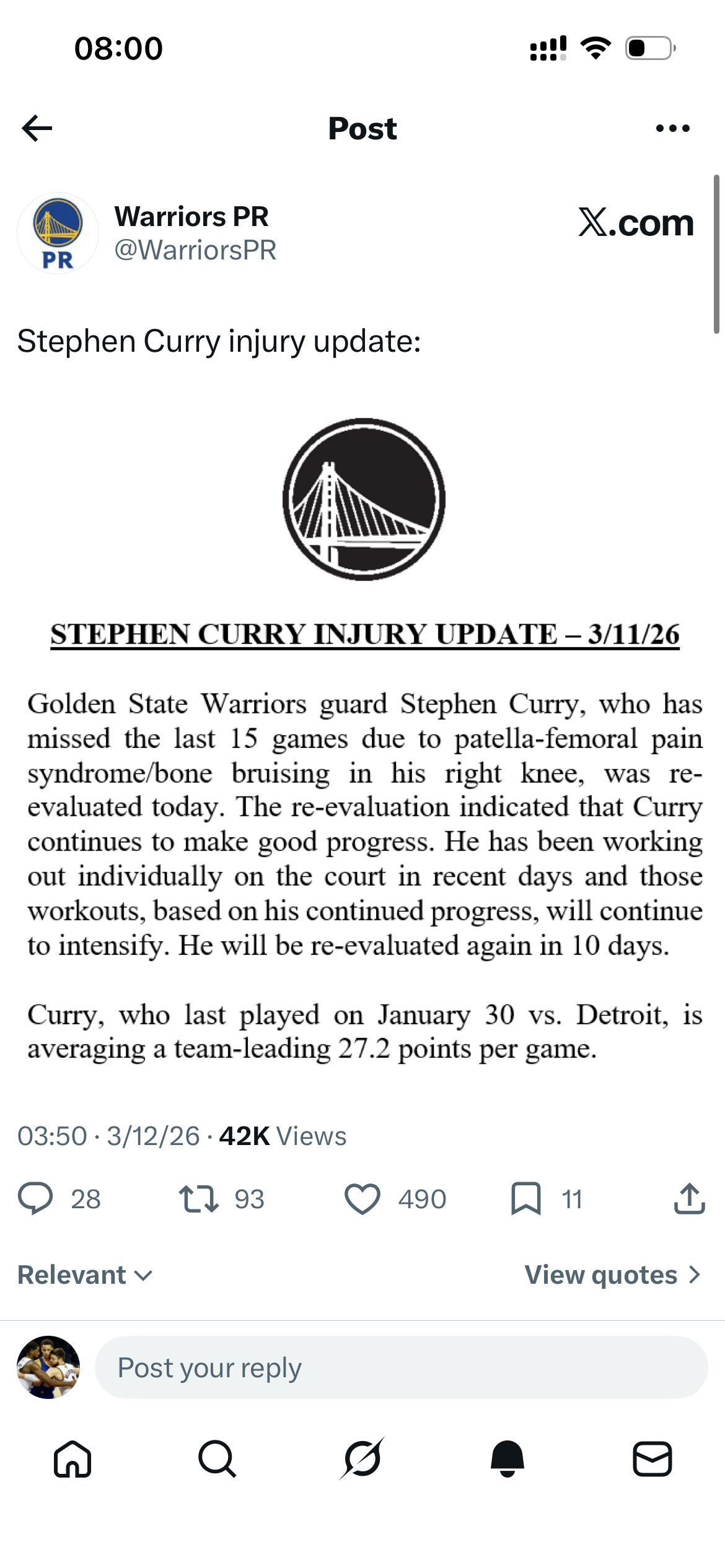 库里将继续缺阵10天，详情如下：斯蒂芬·库里伤情更新 – 2026年3月11日金