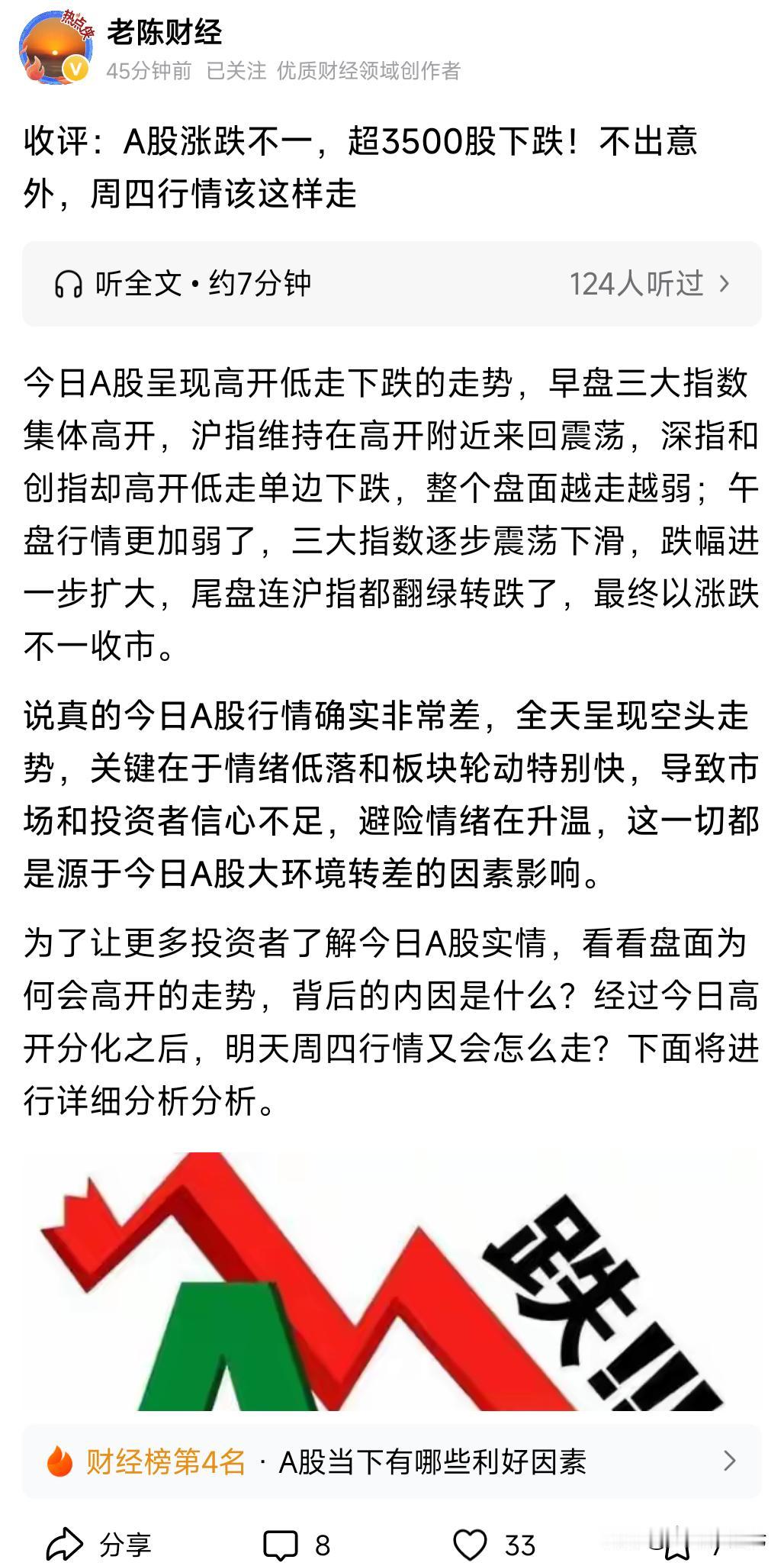 毫无意外，周三A股又是3500家下跌，大家请注意，这是在外围股市都基本收复战争利