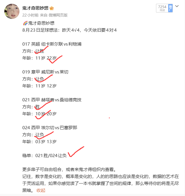 8月23日这轮整体发挥稳定，赛前精选的4场方向全部顺利兑现，取得4中4的成绩。纽