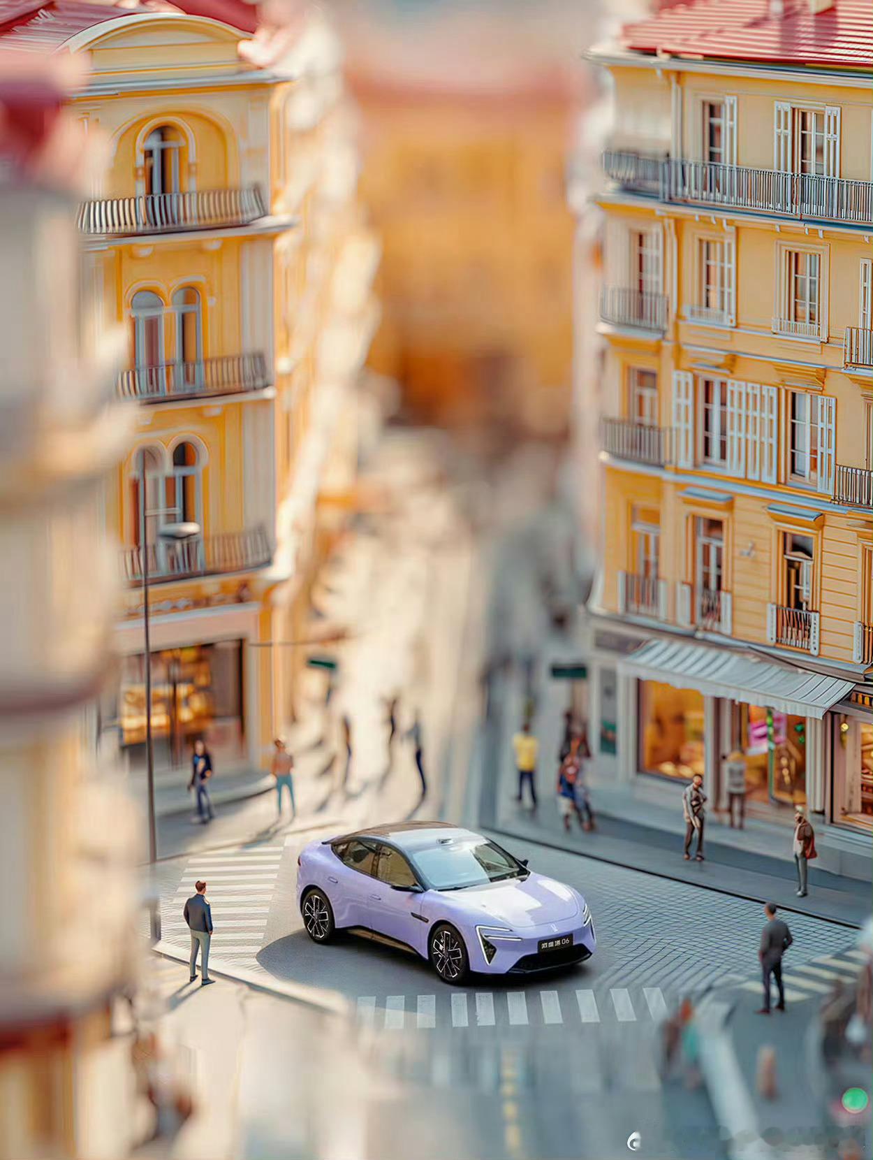 在暖黄的城市街巷里，阿维塔 06 如流动的光影，穿梭过欧式建筑的浪漫，每一次转弯