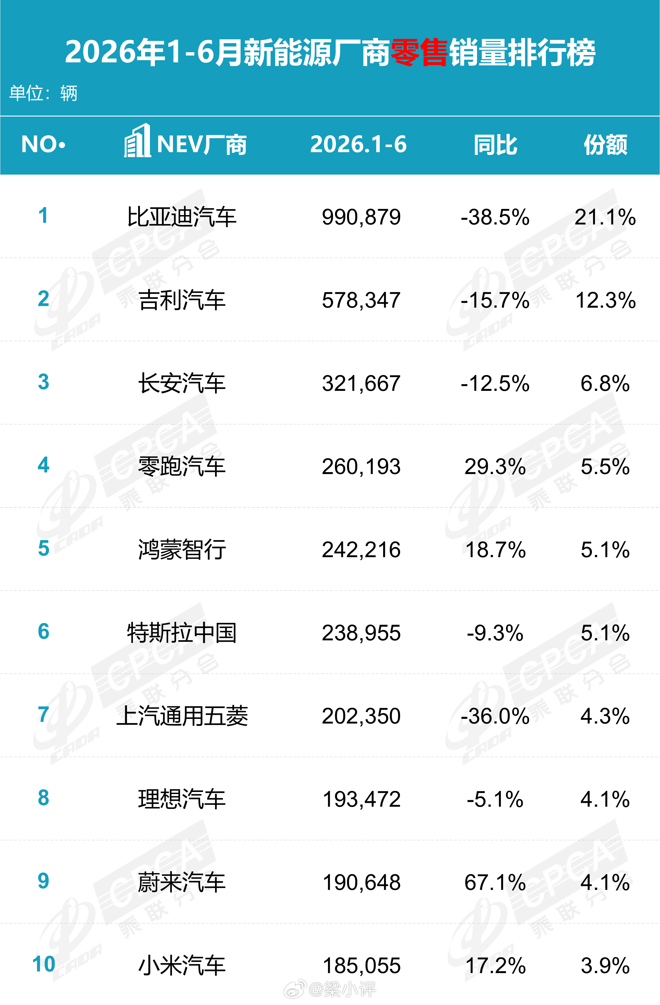 2026年上半年国内新能源汽车零售销量TOP101 比亚迪汽车：990879辆2