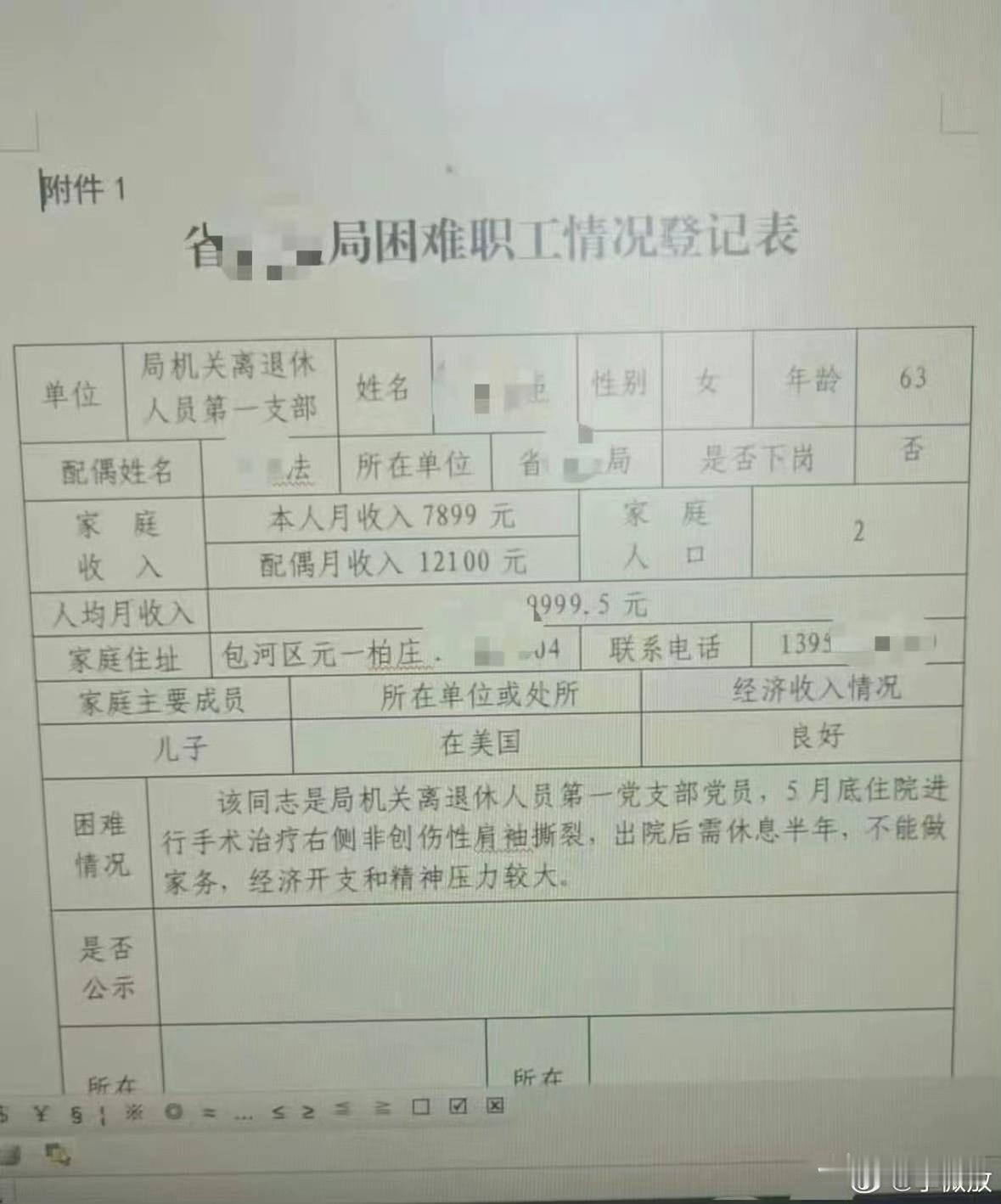 安徽合肥两口子公职人员退休，月收入2万元，儿子在美国，现变成困难职工，申请补助