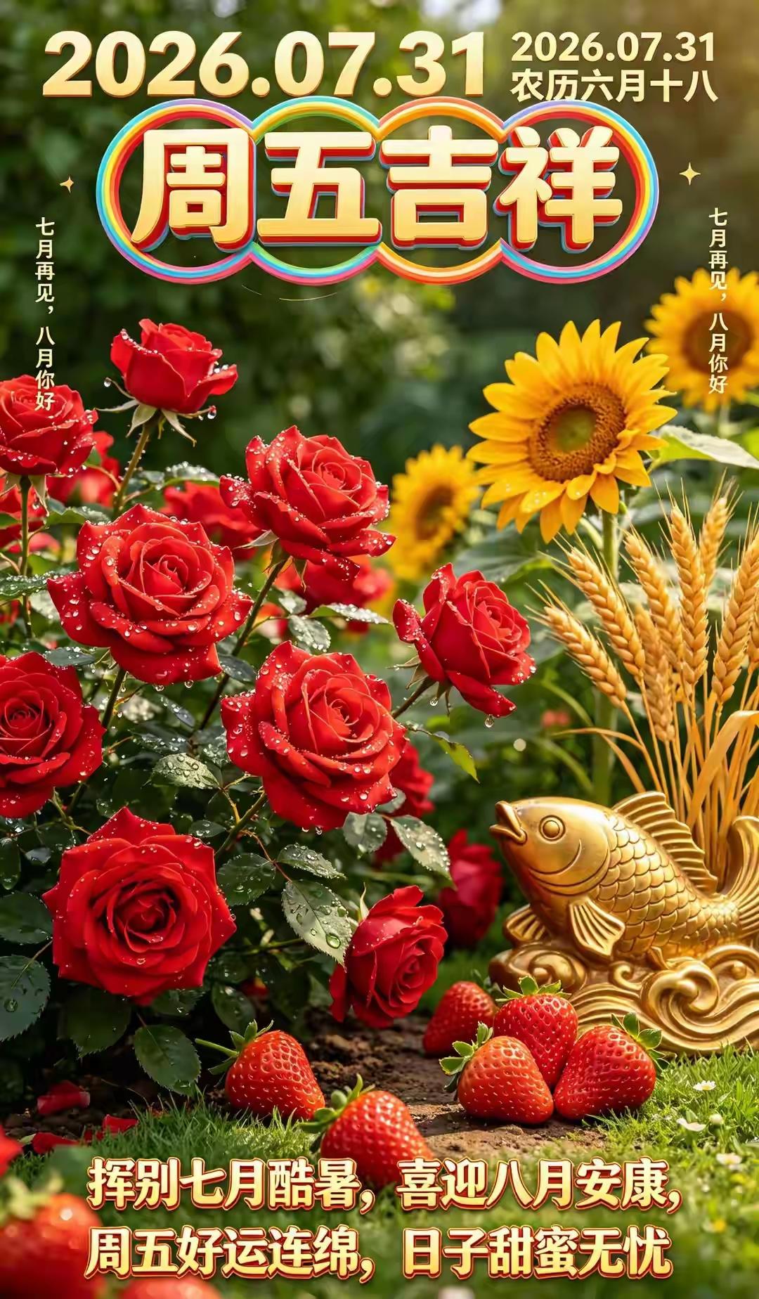 7.31🌹🍎♥️早上好😀[福]🌹
七月圆满收官，八月万事可期，防暑清心保