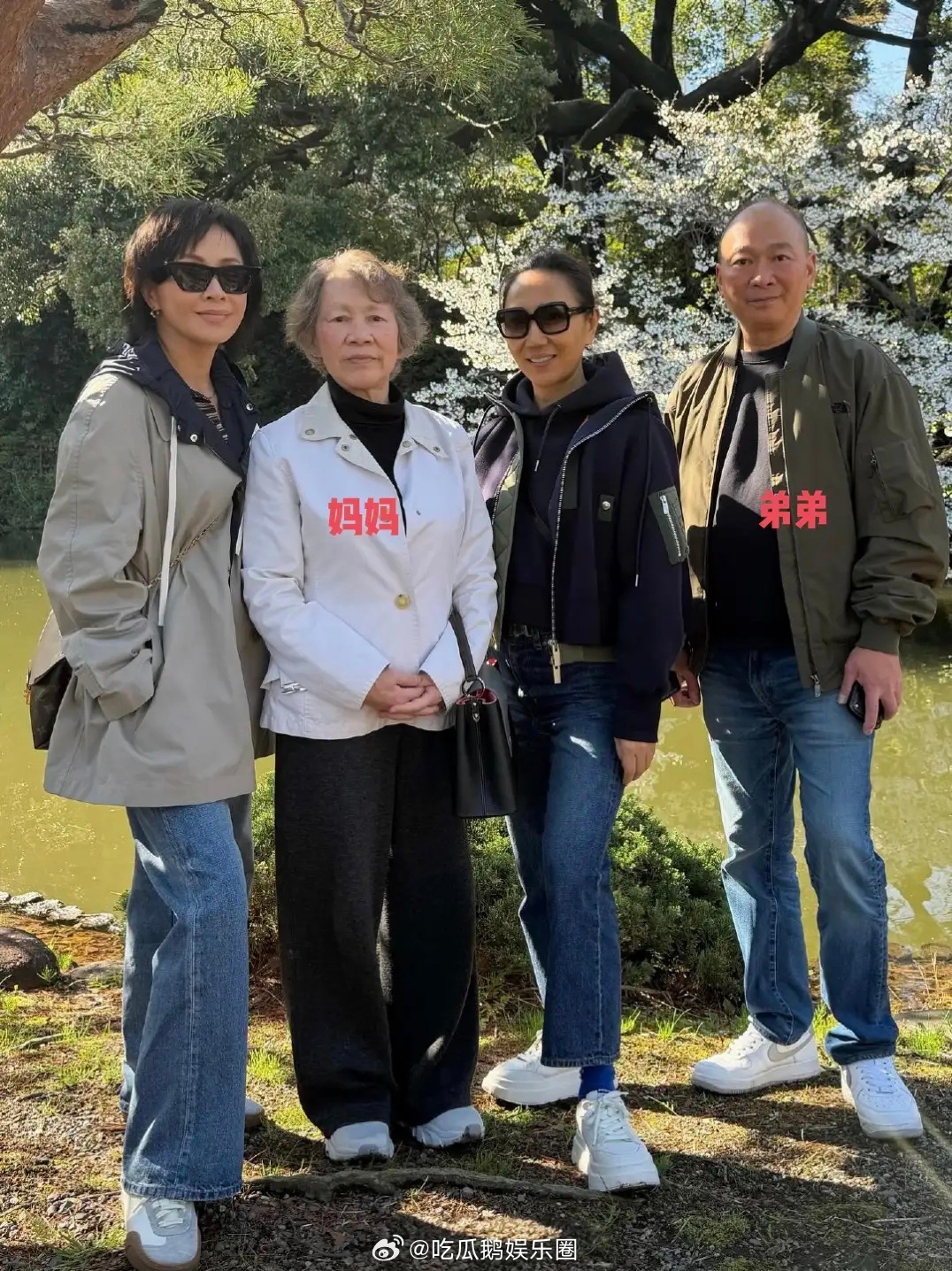 60岁刘嘉玲和妈妈、弟弟等一帮亲人朋友到日本赏樱花，她的妈妈看起来好年轻，打扮贵