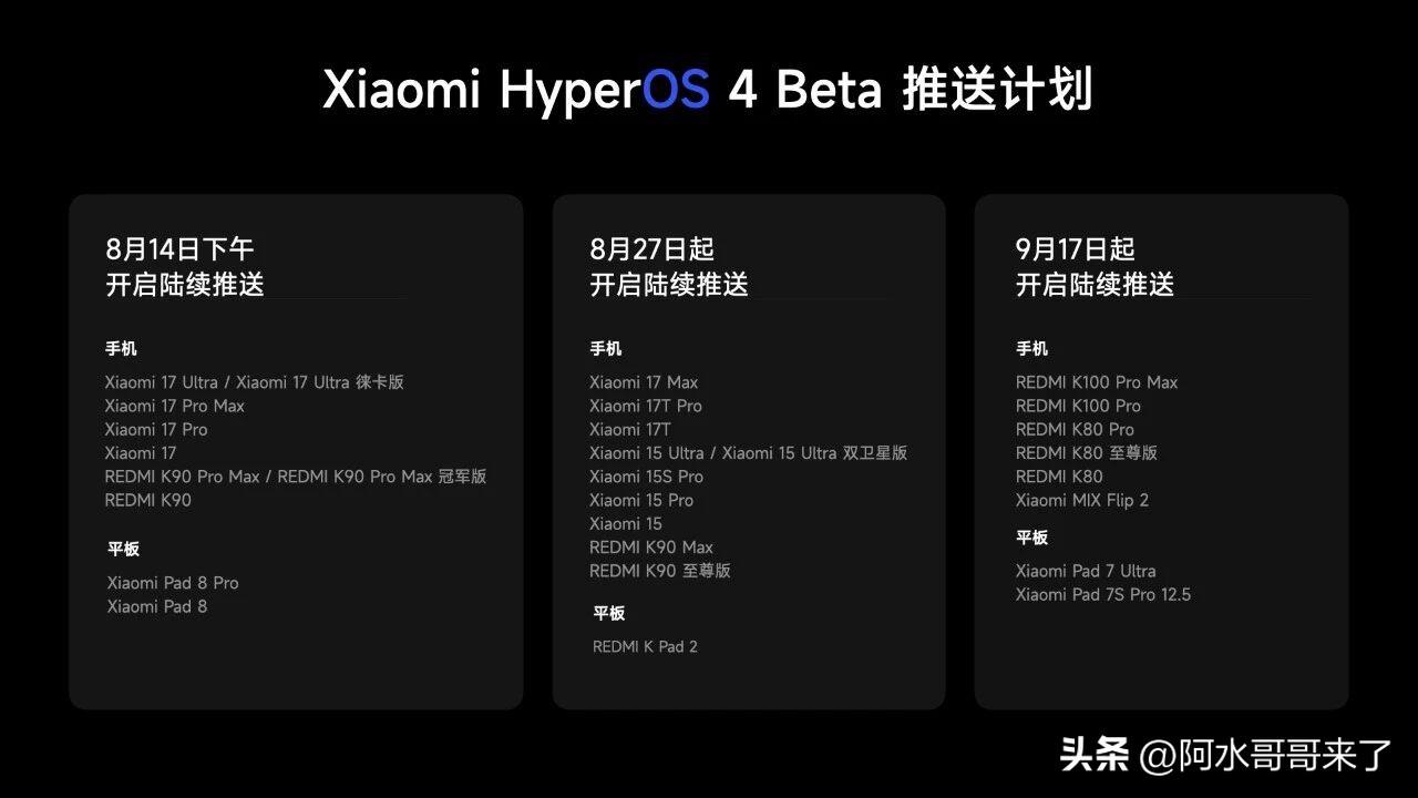 小米澎湃OS4首批机型8.14推送：小米17、小米17Pro、小米17ProMa