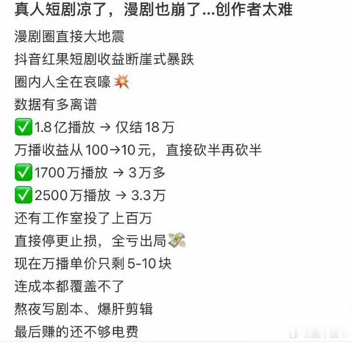 红果短剧收益断崖式下跌，真人项目被砍了一大片。说实话，这行暴雷是迟早的事。去年还