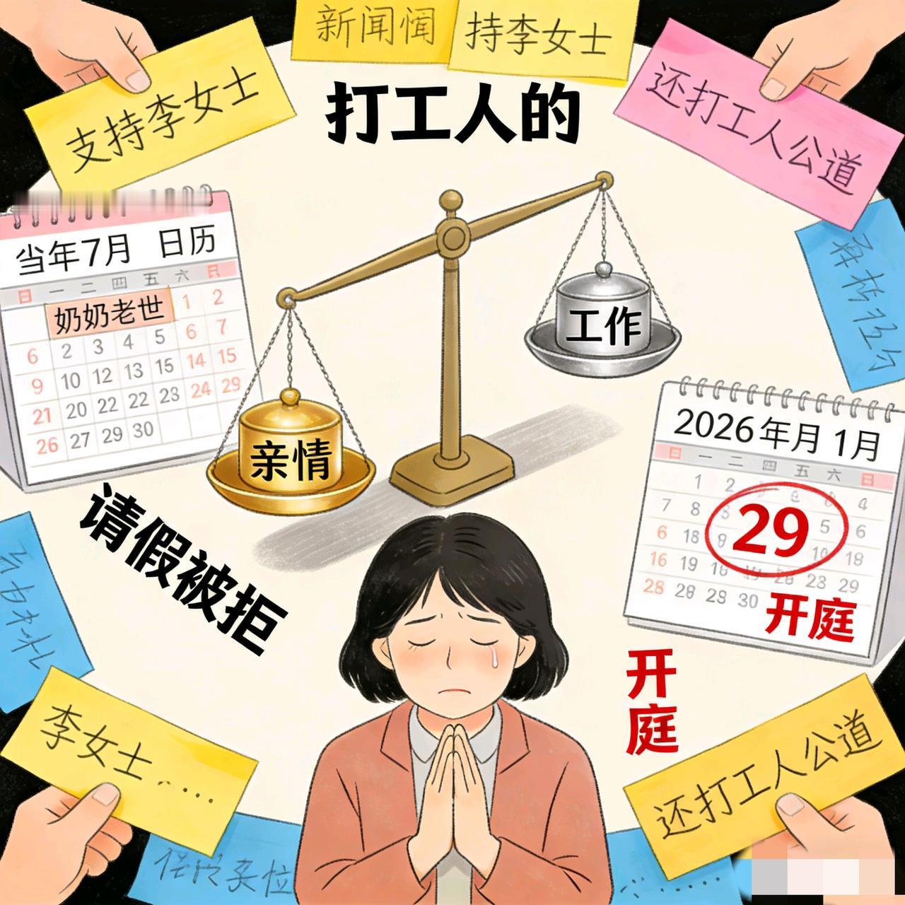 “已申请劳动仲裁，就等开庭！”

去年7月，江苏常熟李女士因奶奶去世请假，被公司