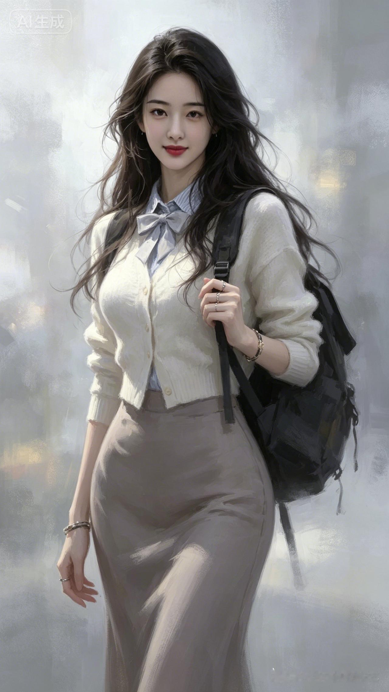 元气少女背着书包，元气满满的一天开始啦！💼🌞