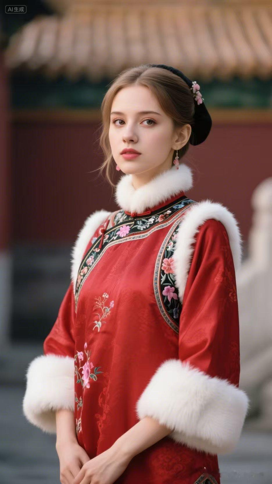 明艳乌克兰美人身着中式红袄，蓬松白毛镶边温润华贵，立于雅致景致间宛如古画佳人，异